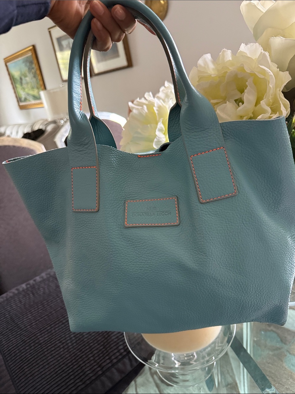Linea Donatella Teal Leather Tote with Contrast Stitching